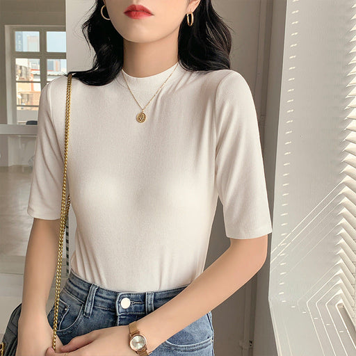 Color-Thread High Elastic White T shirt Women Short Sleeve Summer Slim Fit round Neck Half Sleeve T shirt Stand Collar Top-Fancey Boutique