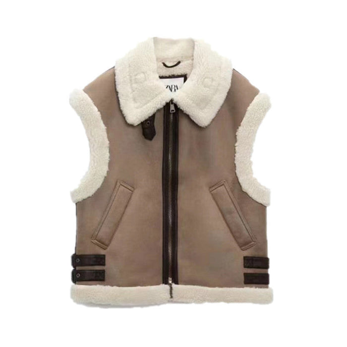 Color-Brown-Autumn Winter Women Brown Fur Collared Vest Coat Thickened Vest-Fancey Boutique