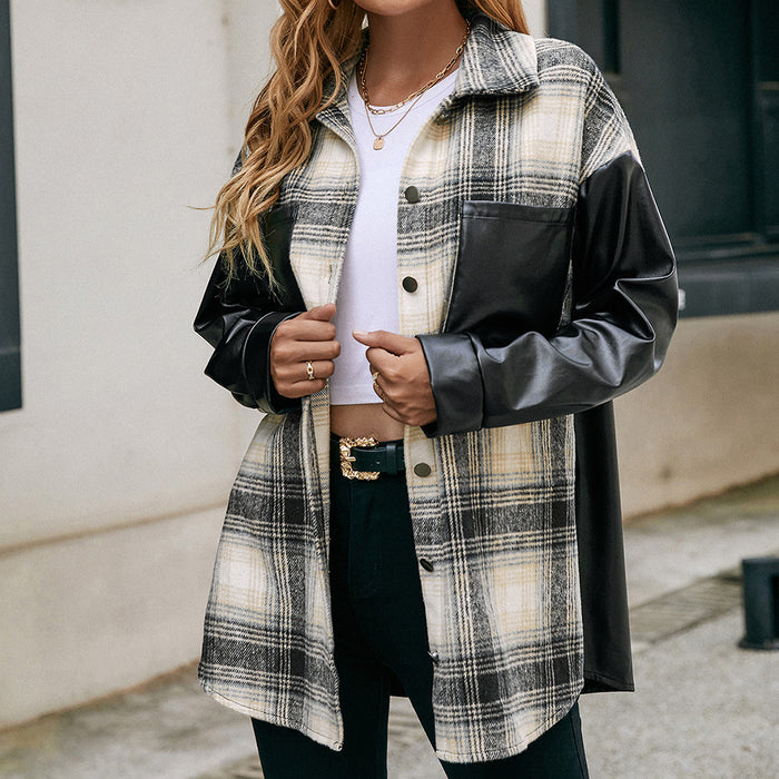 Color-Loose Plaid Color Matching Shirt Casual Double Pocket Plaid Faux Leather Stitching Shacket Women-Fancey Boutique