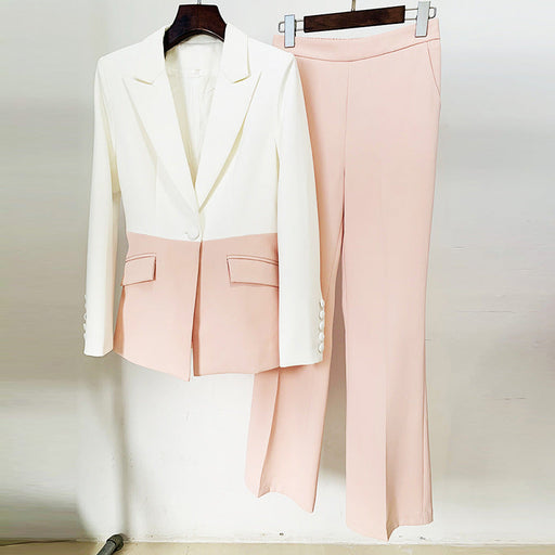 Color-Splice of white and pink-Stars Business One Button Color Blocking Work Pant Set Two Piece Blazer Suit Set-Fancey Boutique