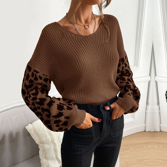 Color-Autumn Women Thin round Neck Knitted Pullover Leopard Print Sweater Women-Fancey Boutique