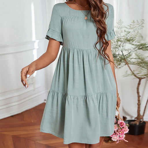 Color-Summer Women Clothing Loose round Neck Collar Tree Fungus like Lacework Short Sleeve Dress Women-Fancey Boutique