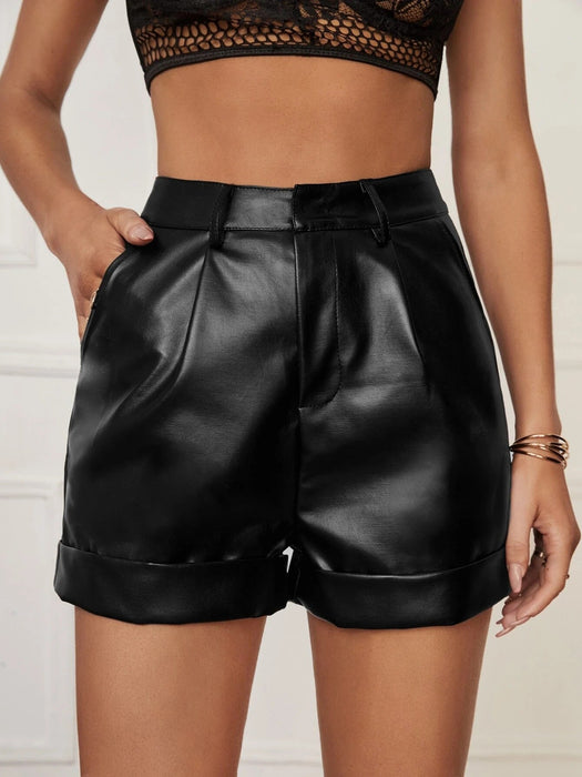 Color-Faux Leather Shorts Women Outer Wear Summer High Roll Hem Pleated Ladies Casual Hip-Wrapped Pants-Fancey Boutique