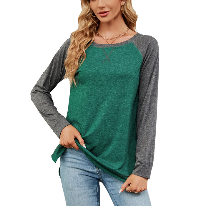 Color-Green Gray Sleeves-Autumn Winter round Neck Contrast Color Loose Long-Sleeved T-shirt Split Top Women-Fancey Boutique