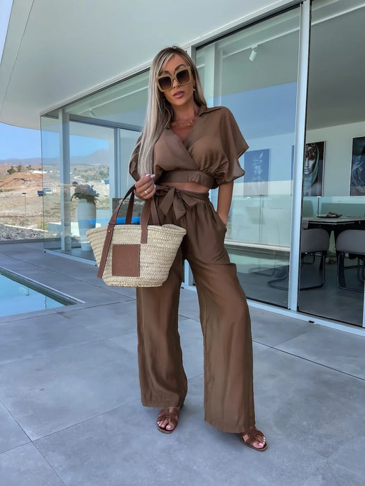 Color-Spring Summer Comfort Casual Deep V Plunge Neck Solid Color Silk Waist Lace up Straight Leg Pants Suit-Fancey Boutique