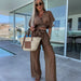 Color-Spring Summer Comfort Casual Deep V Plunge Neck Solid Color Silk Waist Lace up Straight Leg Pants Suit-Fancey Boutique