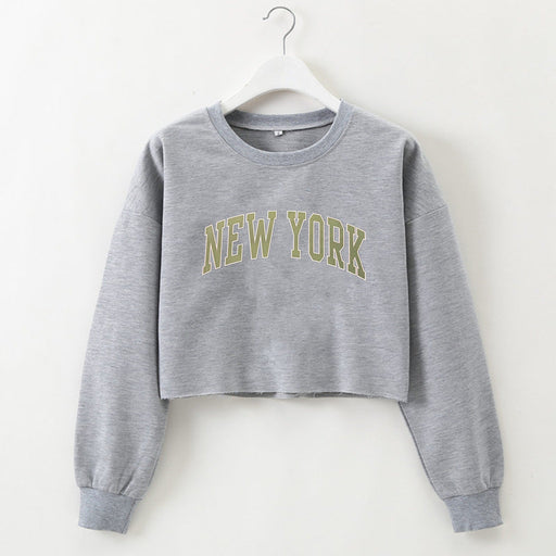 Color-Gray-Women Clothing Autumn Winter York Letter Graphic Printing Short Loose Long Sleeves Sweater-Fancey Boutique