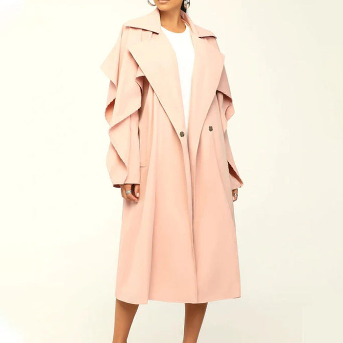 Color-Apricot-Autumn Winter Women Clothing Fashionable Polo Collar Solid Color Mid Length Trench Coat-Fancey Boutique