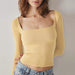 Color-Pale Yellow-Women Clothing Long Sleeve Solid Color Cropped Square Neck T Shirt Top-Fancey Boutique
