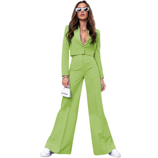 Color-fluorescent green-Autumn Winter Solid Color Short Long Sleeve Small Suit High Waist Wide Leg Pants Suit-Fancey Boutique