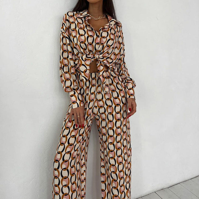 Color-Fall Comfort Printed Long Sleeved Shirt High Waist Trousers Two Piece Suit Women Suit-Fancey Boutique