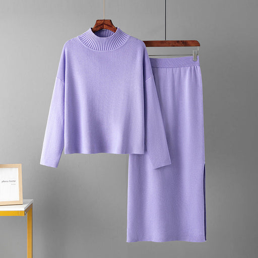 Color-Purple-Women Clothing Autumn Casual Loose Long Skirt Two Piece Suit Sweater-Fancey Boutique