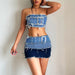 Color-Denim Stitching Brushed Distressed Beggar Japanese Buckle Wrapped Chest Cropped Tank Top High Waist Miniskirt Two Piece Set-Fancey Boutique