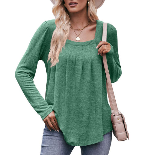 Color-Green-Women Autumn Winter Casual Square Collar Pleated Long Sleeve T shirt-Fancey Boutique