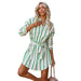Color-Green-Spring Summer Fashion Striped Printed Long Sleeves Lace up Casual Shirt Dress Women-Fancey Boutique