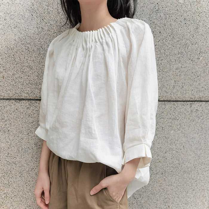 Color-White-Linen Three Quarter Sleeve Shirt Top Early Autumn Japanese Loose Plus Size Organ Pleated Design Niche Cotton Linen T shirt-Fancey Boutique