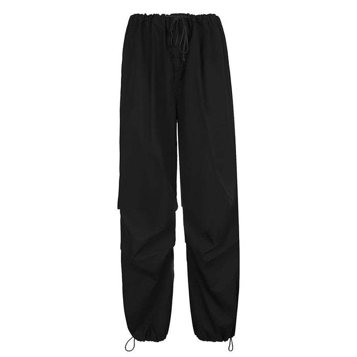 Color-Black2-Street Retro Casual Drawstring Lace Waist of Trousers Loose Wide Leg Pants Sexy Handsome Dance Exercise Ankle Tied Trousers-Fancey Boutique