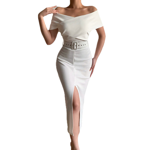 Color-Spring Summer Elegant Graceful Office Minimalist Young off the Shoulder Belt Dress with Vents-Fancey Boutique