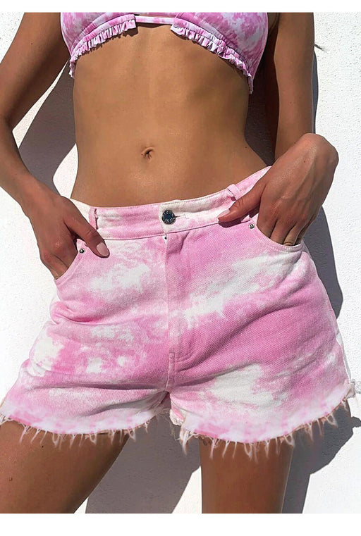 Color-Pink-Stretch Hole Women Denim Shorts-Fancey Boutique