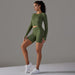 Color-Long Sleeve Shorts Suit-Army Green-Seamless Knitted Sexy Tight Long Sleeve Hip Raise High Waist Shorts Yoga Suit Women Sports Running Shorts-Fancey Boutique