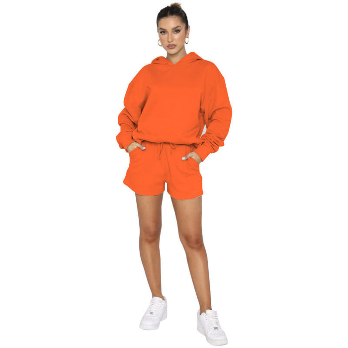Color-Orange-Autumn Winter Solid Color Pullover Hooded Long Sleeves Sweaters Women Clothing Casual Shorts Suit-Fancey Boutique