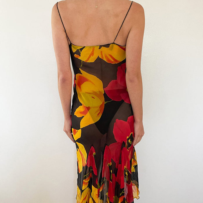 Color-Summer Dress Sexy Retro Printed High Split Backless Strap Dress-Fancey Boutique