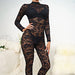 Color-Summer Sexy Sexy Black Lace Jacquard Hollow Out Cutout out See-through Long Sleeve Slim Fit Bodysuit-Fancey Boutique