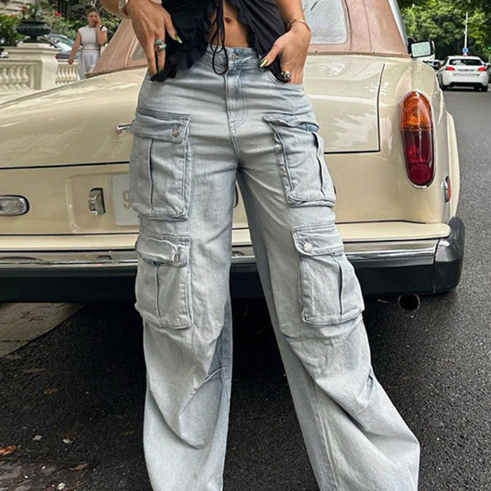 Color-Women High Waist Zipper Multi Pocket Heavy Industry Trend Straight Loose Cargo Retro Denim Trousers-Fancey Boutique