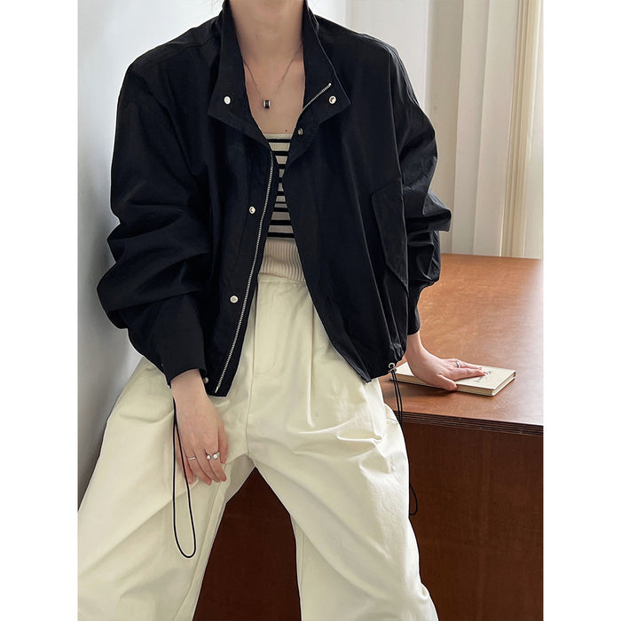 Color-Autumn Retro Stand Collar Drawstring Cargo Jacket Coat Loose Zip Women Gore Tex Jacket-Fancey Boutique