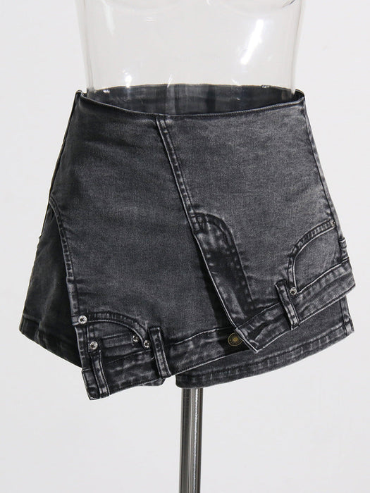 Color-Gray-Personality Street Denim Stitching Shorts Autumn High Waist Irregular Asymmetric Washed Worn Jeans Women-Fancey Boutique