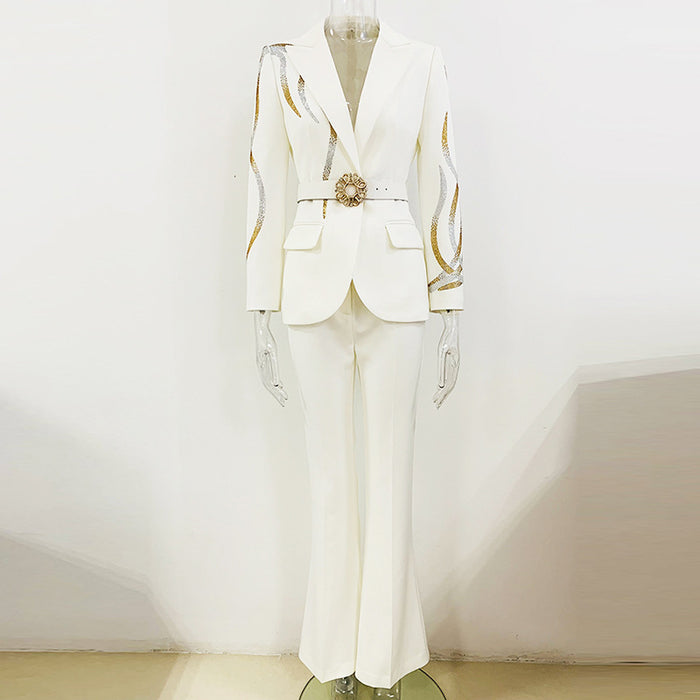 Color-Socialite Colorful Crystals Rhinestone Series Belt Suit Bell Bottom Pants Suit Two Pieces-Fancey Boutique