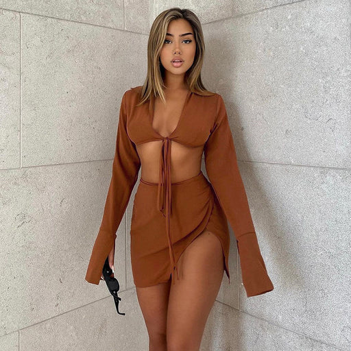 Color-Autumn Winter Women Clothing Long Sleeve Tied Cardigan Sexy Slit Sheath Skirt Casual Suit-Fancey Boutique