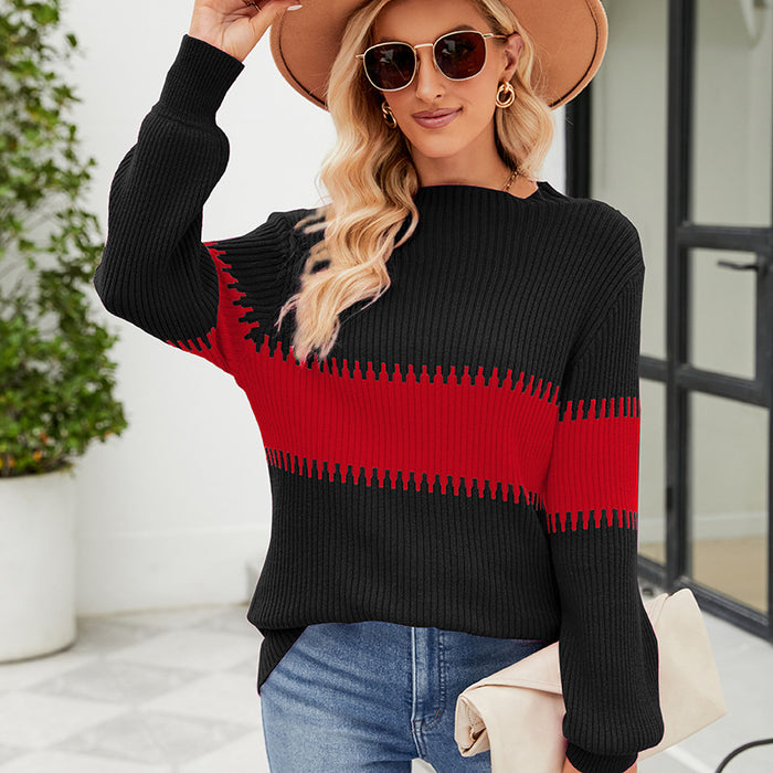 Color-Color Contrast Patchwork Mock Neck Sweater Women Autumn Winter Lazy Wind Loose Pullover-Fancey Boutique
