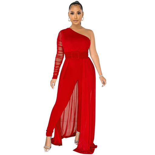 Color-Red-Solid Color Sexy Mesh See-through One Shoulder Diagonal Collar Long Sleeve Trousers Jumpsuit Women-Fancey Boutique