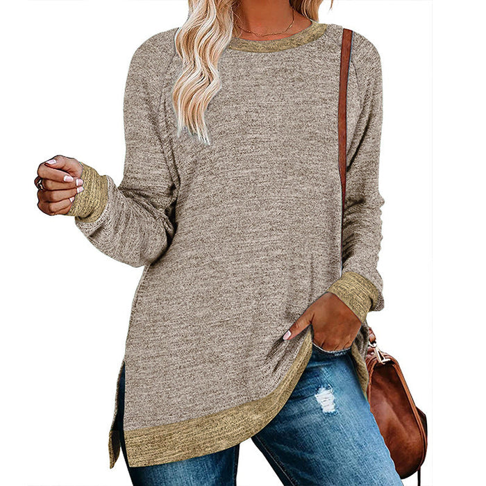 Color-Khaki-Women Clothing Long Sleeve round Neck Multicolor Split Top Loose Casual Pullover T-shirt-Fancey Boutique