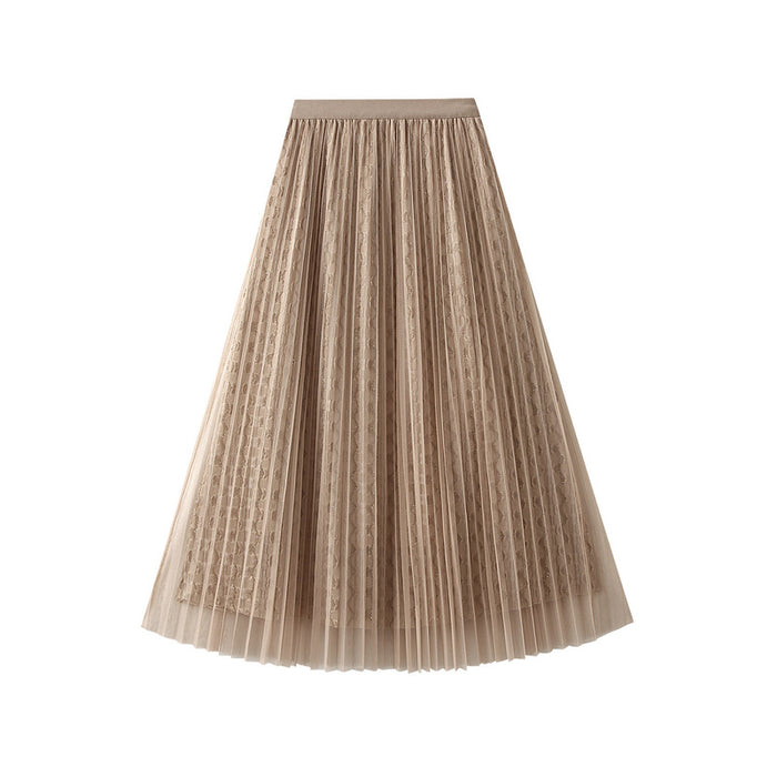 Color-Pleated Bright Yarn Mesh Skirt for Women Spring High Waist Slimming Mid Length Large Swing Cover Yarn Skirt-Fancey Boutique