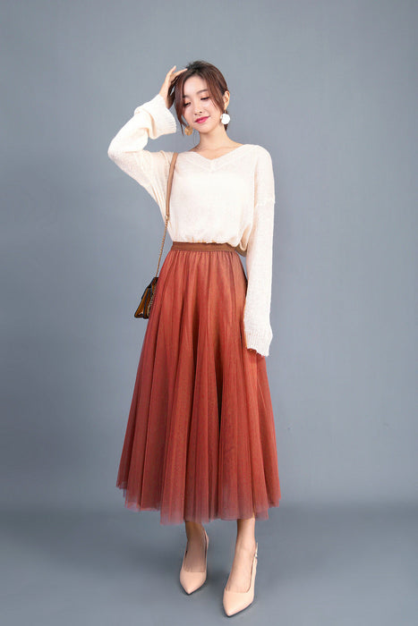 Color-Orange-Spring Swing Puffy Ankle Length Skirt High Waist Slim Fit Fairy Skirt Tulle Skirt A Line Skirt-Fancey Boutique