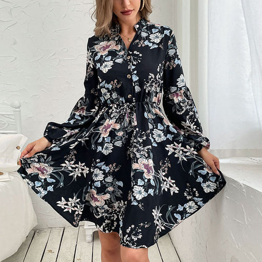 Color-Black Retro Women Long Sleeved Printed Dress Autumn Winter-Fancey Boutique