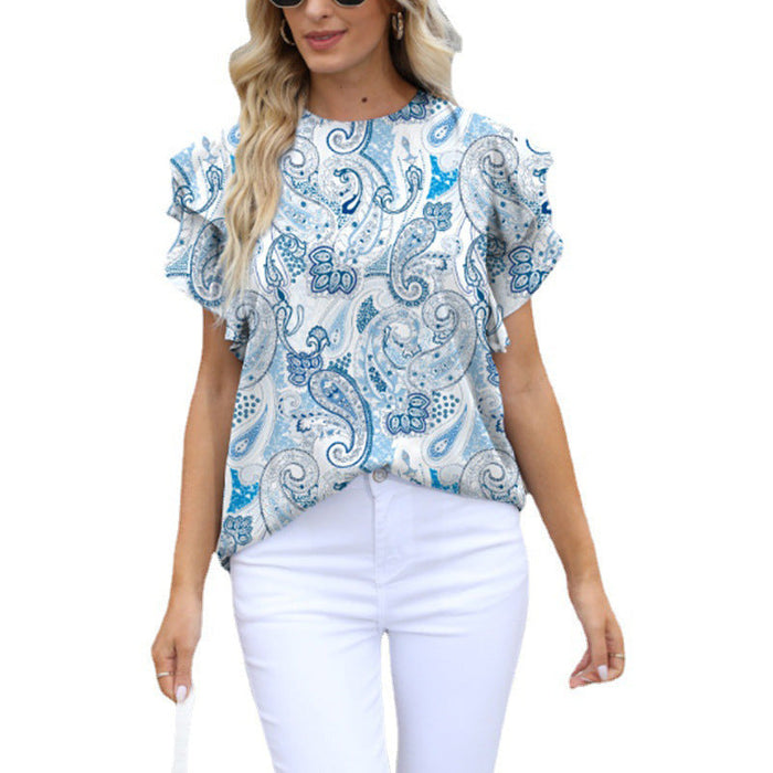 Color-Blue Pattern-Women Summer round Neck Printed Ruffled Short Sleeves Chiffon Shirt Floral Pullover T shirt-Fancey Boutique