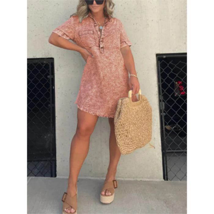 Color-Summer Shirt Collar Denim Tassel Hem Dress Short Dress-Fancey Boutique