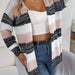 Color-Autumn Winter Casual Hollow Out Cutout Contrast Color Striped Lantern Sleeve Cardigan Sweater Coat Women Clothing-Fancey Boutique