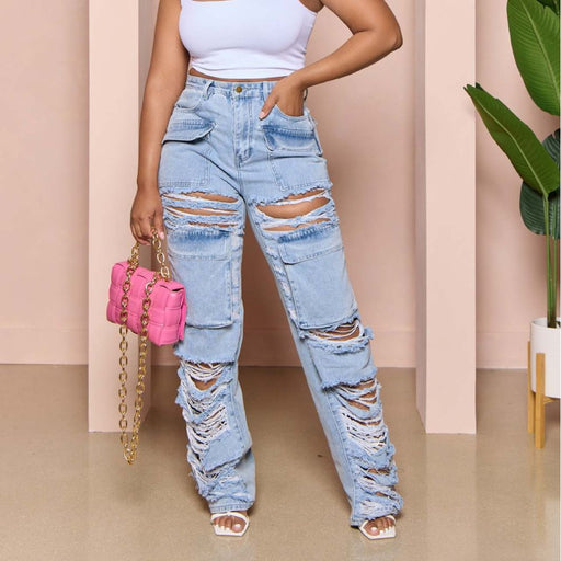 Color-Multi Bag Ripped Jeans Women Tooling Ripped Washed Trousers Multi Bag Jeans-Fancey Boutique