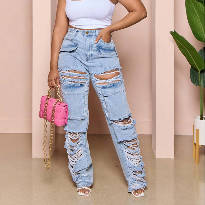 Color-Multi Bag Ripped Jeans Women Tooling Ripped Washed Trousers Multi Bag Jeans-Fancey Boutique