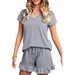 Color-Gray-Spring Summer Women Clothing Women Short-sleeved V-neck Top Shorts Home Two-piece Suit Cozy-Fancey Boutique