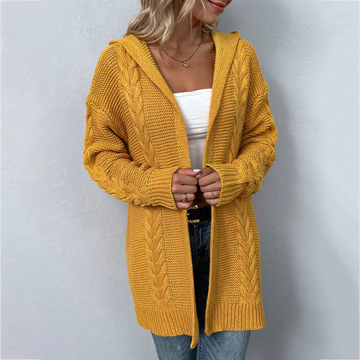 Color-Turmeric-Autumn Winter Solid Color Hooded Twist Knitwear Cardigan Sweater Women Coat-Fancey Boutique