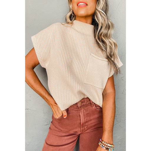 Color-Fall Solid Color Pullover High Collar Short Sleeved Top Women Simple Thread Sweater Women-Fancey Boutique