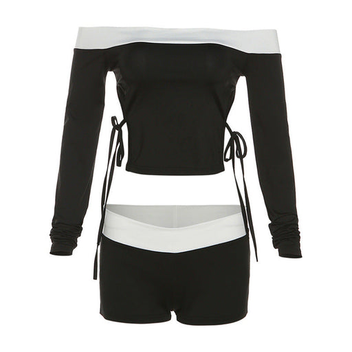 Color-Black-Autumn Winter Women Clothing Contrast Color off Neck Lace up T shirt Slim Low Waisted Shorts sets-Fancey Boutique