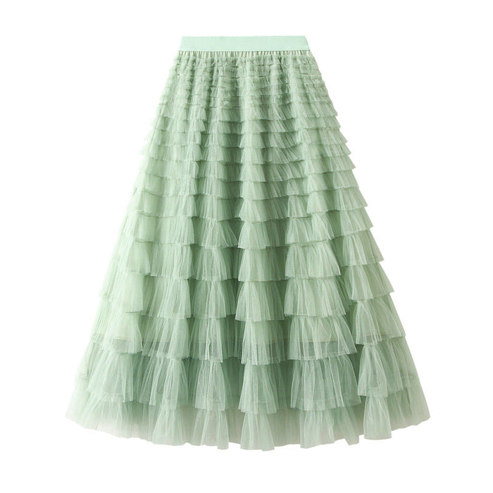 Color-Mesh Tiered Skirt Women Spring Autumn Dress Fairy White Yarn Skirt Pleated-Fancey Boutique