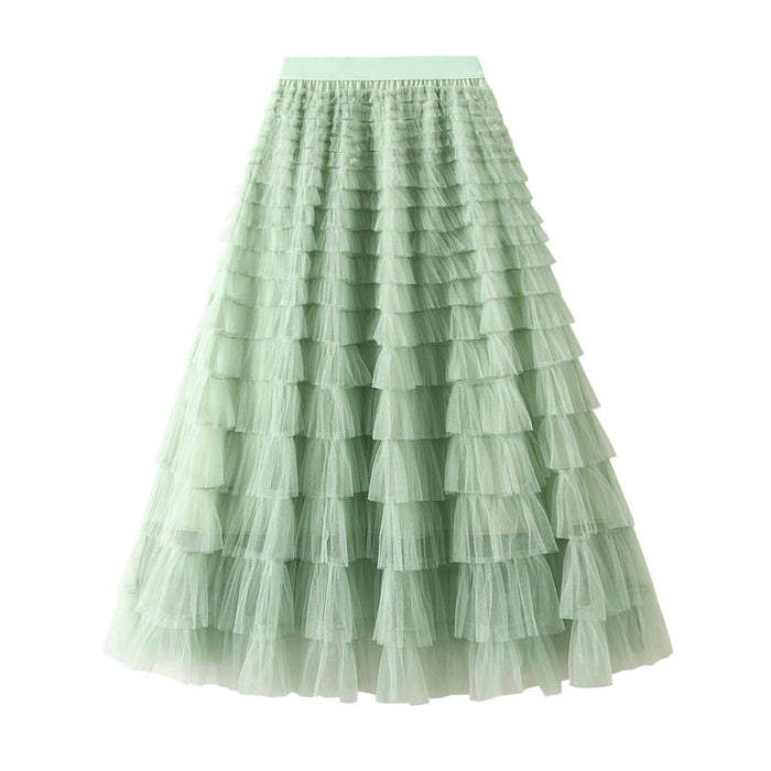 Color-Mint-Mesh Tiered Skirt Women Spring Autumn Dress Fairy White Yarn Skirt Pleated-Fancey Boutique