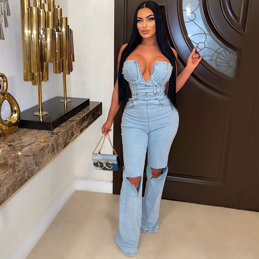 Color-Summer Sexy Cutout Hole Long Zipper Wrapped Chest Denim Jumpsuit-Fancey Boutique